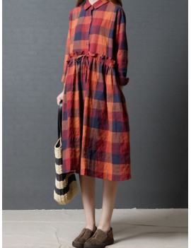 Vintage Women Plaid Drawstring Long Sleeve Shirt Dresses